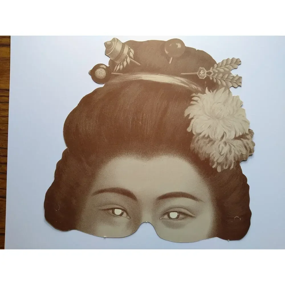 Vintage Asian Woman Paper Mask Geisha Style Costume Eye Mask Floral Hair